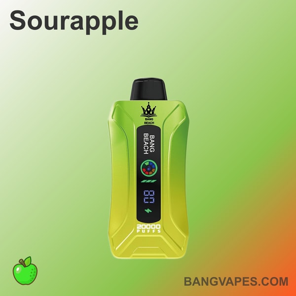 Appareil de vape Bang Beach aromatisé au sourapple avec une capacité de 20 000 bouffées affiché sur un fond vert dégradé.