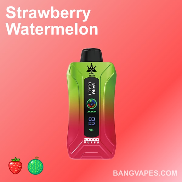 Kolorowe urządzenie do waporyzacji z etykietą o smaku "Truskawkowy Arbuz", charakteryzujące się żywym wzorem z gradientem od zielonego do czerwonego i cyfrowym wyświetlaczem pokazującym "20000 zaciągnięć". U góry wyświetlany jest tekst "BANG BEACH", a na dole znajdują się ikony truskawek i arbuza.