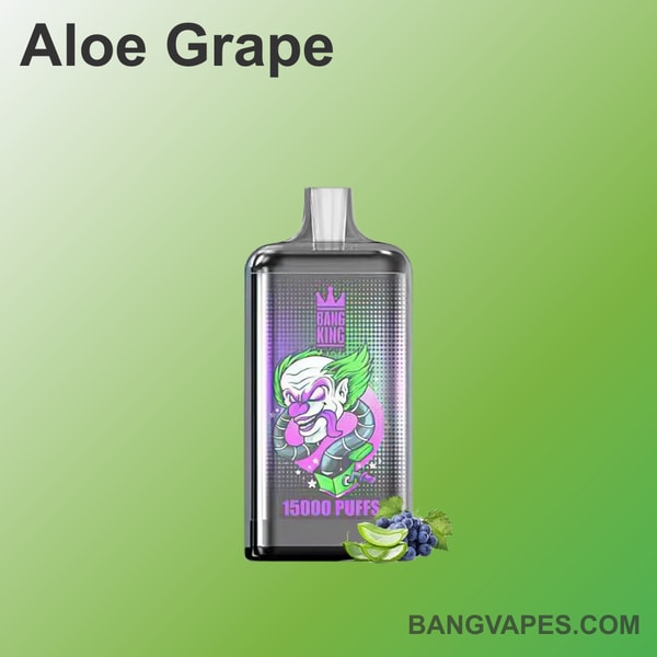 Aloe Grape vape with 15,000 puffs, featuring a colorful character design and the brand name "Bang King."