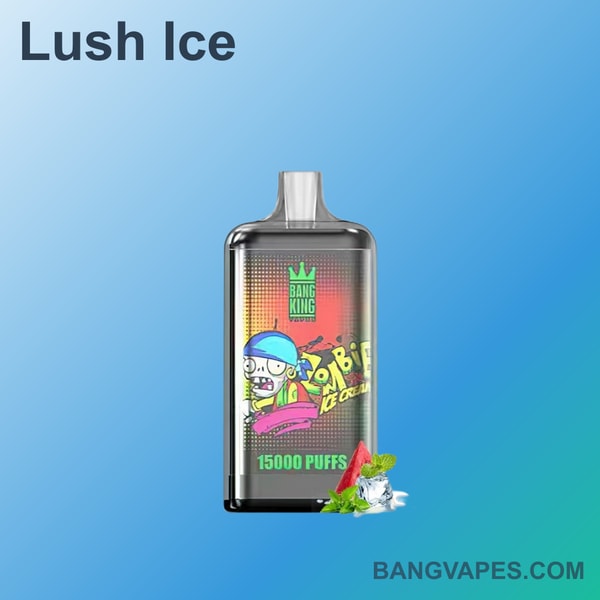 Bang King Lush Ice disposable vape with 15,000 puffs and watermelon ice flavor illustration.