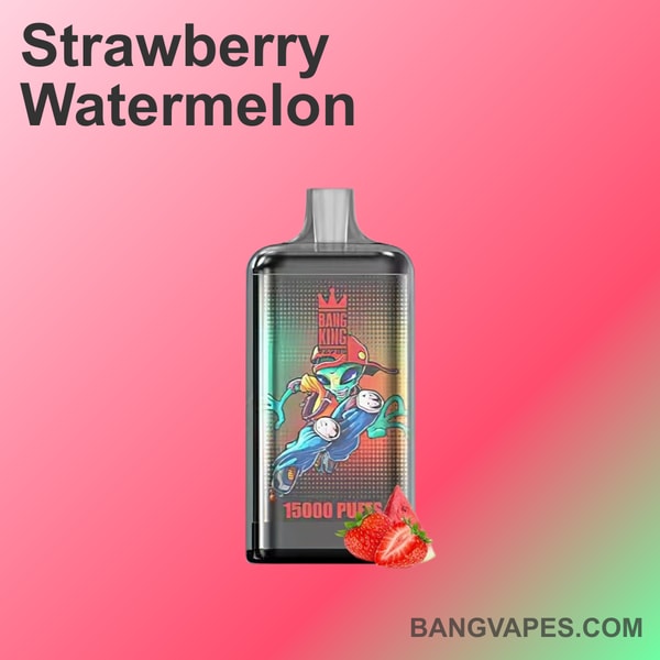 Strawberry Watermelon Bang King vape device with 15,000 puffs displayed on a pink gradient background.