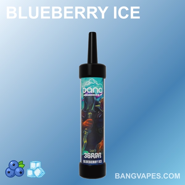 Jednorazowy waporyzator Bang o smaku Blueberry Ice z 36 zaciągnięciami, ozdobiony kolorową grafiką przedstawiającą postać trzymającą laskę.