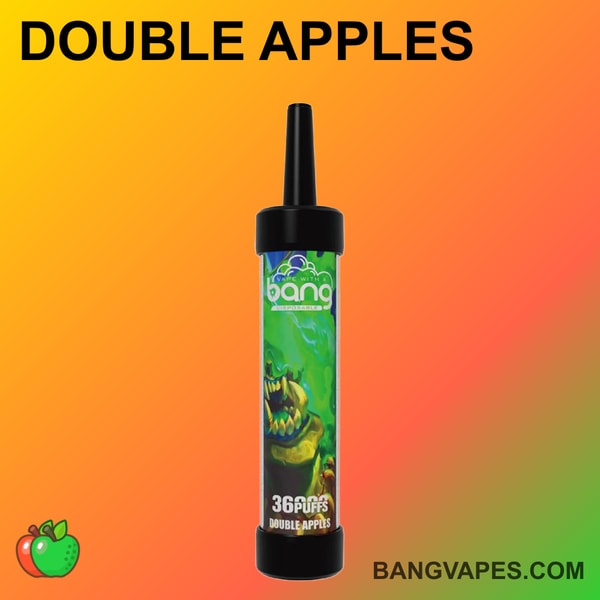 Urządzenie do waporyzacji oznaczone "Bang" z ilustracją zielonego smoka oraz tekstem "Double Apples" i "3600 Puffs" na gradientowym pomarańczowym i zielonym tle.