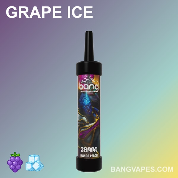 Bang Vape ha etichettato il sapore "Grape Ice" con 36.000 boccate, con un personaggio sulla confezione e il sito web bangvapes.com visualizzato in basso.
