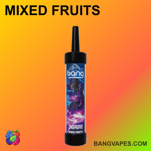 Un dispositivo di vaporizzazione etichettato "Bang" con un sapore di "Frutti Misti", caratterizzato da un design colorato e un testo che indica "3600 sbuffi"."
