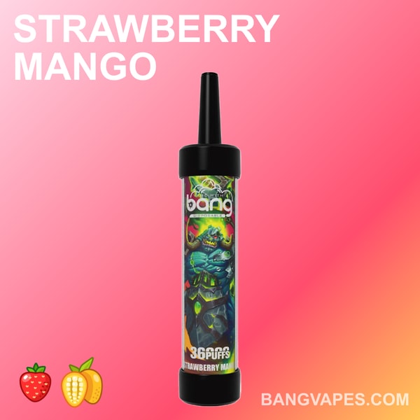 Jednorazowy waporyzator Bang o smaku truskawkowego mango, zawierający 36000 zaciągnięć, w żywym opakowaniu z surową, zielono-czarną ilustracją postaci opancerzonej.