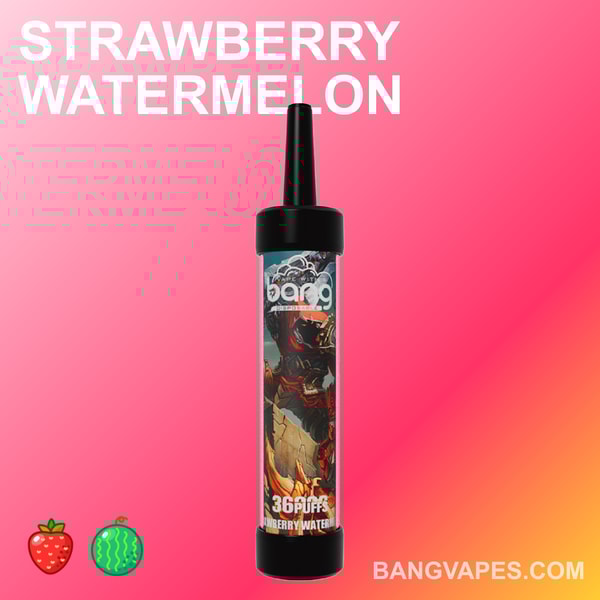 Urządzenie Bang do waporyzacji o smaku truskawkowo-arbuzowym, wyświetlane na gradientowym różowym tle, przedstawiające markę produktu i liczbę zaciągnięć wynoszącą 36.