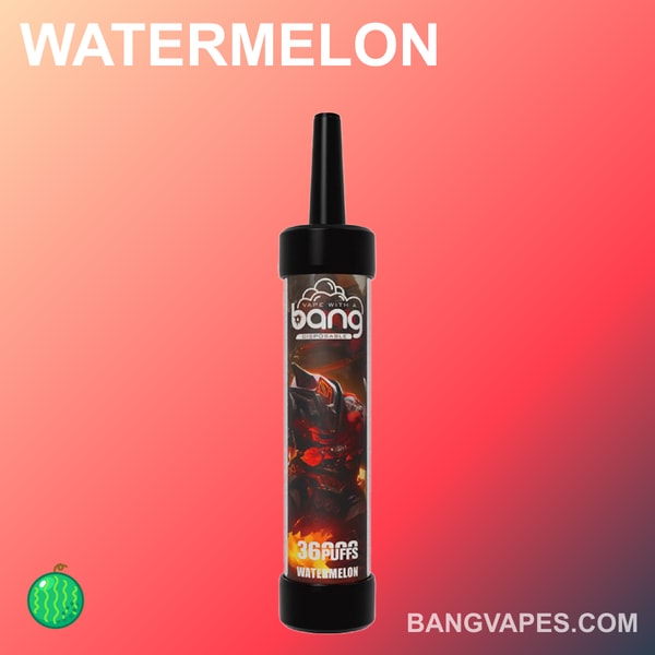 Jednorazowy długopis Bang Bang o smaku arbuza, wyświetlany na czerwonym tle z gradientowym napisem "ARBUZ" dużym białym tekstem u góry i "BANGVAPES.COM" u dołu.