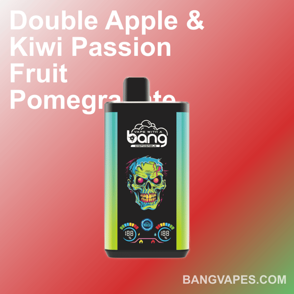 Dubbel Apple & Kiwi Passievrucht Granaatappel vape-apparaat met schedelontwerp en bangvapes.com-branding.