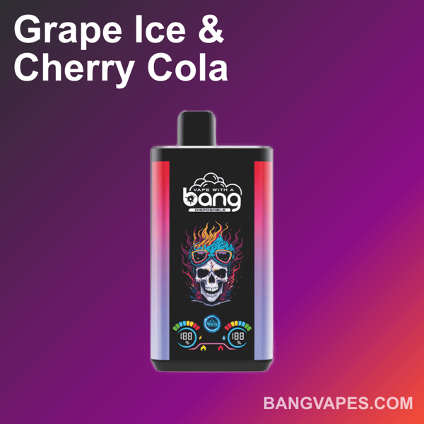 Grape Ice & Cherry Cola Bang wegwerpvape met een kleurrijk schedelontwerp op de verpakking.