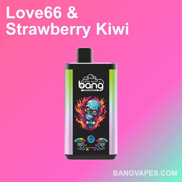 Een wegwerpvape van Bang met een schedelafbeelding op de voorkant en het label "Love66 & Strawberry Kiwi" op een roze verloopachtergrond.