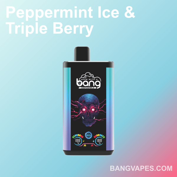 A black disposable vape device with neon skull artwork, labeled "Bang," promoting flavors Peppermint Ice & Triple Berry.