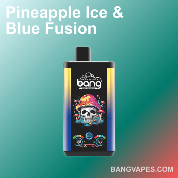 Pineapple Ice & Blue Fusion vape van Bang Vapes, met een kleurrijk schedel- en paddenstoelontwerp met batterij-indicatoren aan de onderkant.