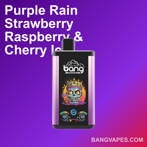 Een paars-zwart wegwerpvape-apparaat met een kleurrijke schedelillustratie met een kroon erop, met het opschrift "Bang Vapes", met de smaak "Purple Rain Strawberry Raspberry & Cherry Ice"."