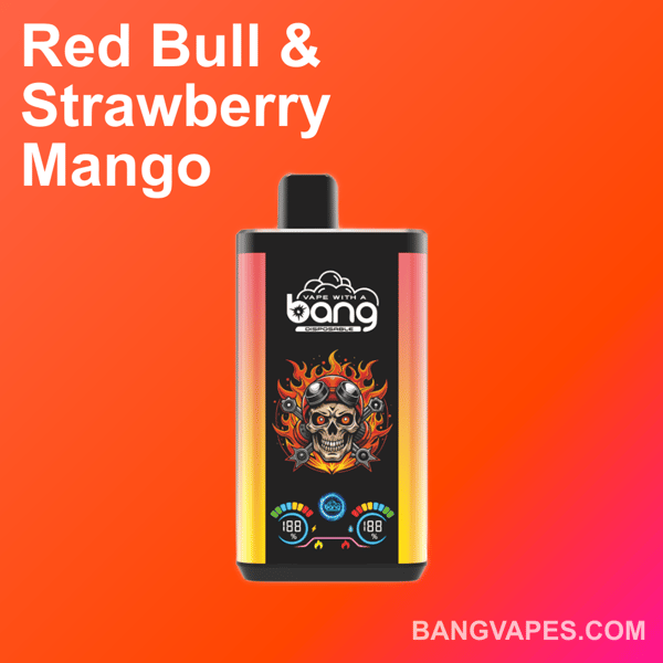 A Bang disposable vape device with a skull and flames design, advertised as Red Bull & Strawberry Mango flavor, displayed on an orange gradient background.