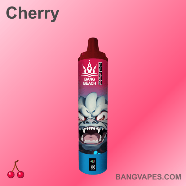 Czerwono-niebieskie urządzenie do waporyzacji z wyrazistą twarzą potwora, oznaczone "Bang Beach Cherry", umieszczone na różowym, gradientowym tle.