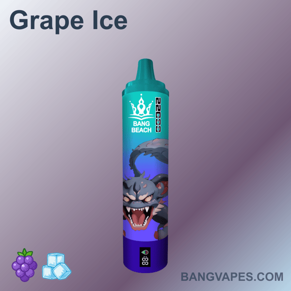 Turkusowo-fioletowe urządzenie do waporyzacji z etykietą "Grape Ice" i marką "Bang Beach" z ilustracją kreskówkowego potwora oraz małymi ikonami winogron i kostek lodu.