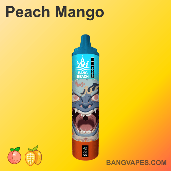 Vape o smaku brzoskwiniowo-mango, z niebiesko-pomarańczowym wzorem, z ilustracją dzikiego stworzenia z otwartymi ustami z przodu.