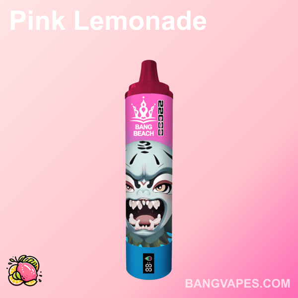 Różowo-niebieskie urządzenie do waporyzacji z etykietą "Bang Beach" z wściekłą kreskówkową twarzą i tekstem "Pink Lemonade" na delikatnym różowym tle.