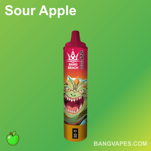 Urządzenie do waporyzacji o smaku kwaśnego jabłka z zielonym tłem, przedstawiające ilustrację animowanego smoka i tekst "Bang Beach"."