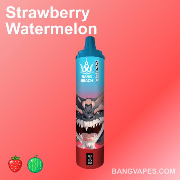 Vape Strawberry Watermelon Bang Beach z motywem groźnego smoka na niebieskim i czerwonym tle gradientowym.