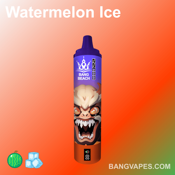 Vape o smaku Watermelon Ice z fioletową górną częścią i agresywnym, kreskówkowym wzorem z przodu, z logo "Bang Beach".