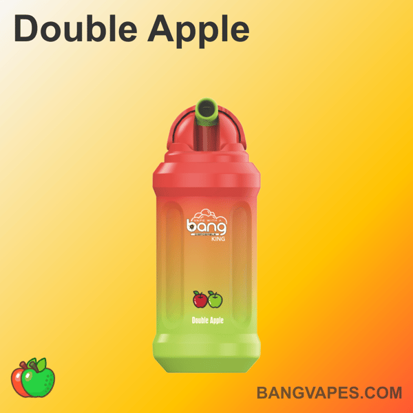 Urządzenie Vape marki "Bang King" o podwójnym smaku jabłkowym, przedstawione na żółtym tle.