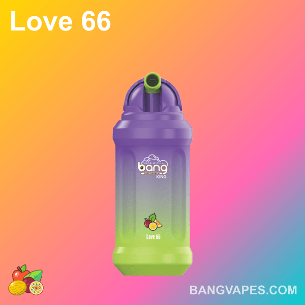 Kolorowe urządzenie do waporyzacji z napisem "Bang King" z grafiką z mieszanką owoców i nazwą "Love 66" z przodu.