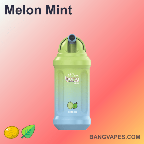 Zielono-niebieskie urządzenie do waporyzacji oznaczone "Bang King" o smaku "Melon Mint" na różowym gradientowym tle.