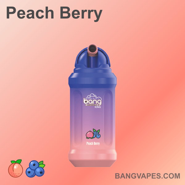 Urządzenie do waporyzacji oznaczone "Peach Berry" z ikonami brzoskwiń i jagód, z fioletowym i różowym gradientem.