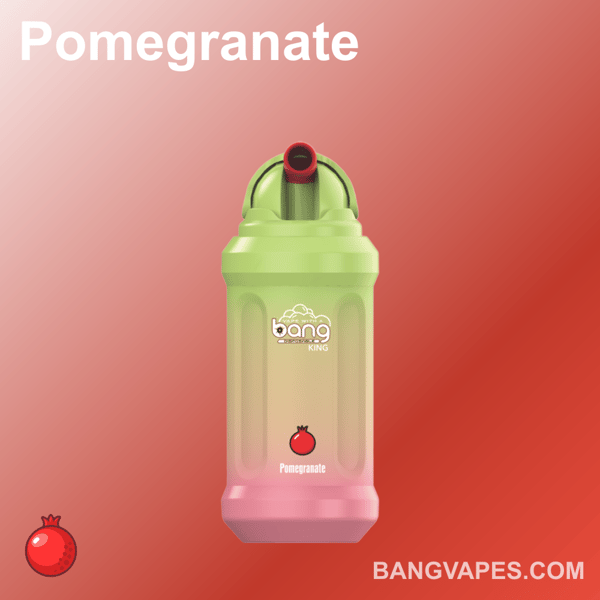 Vape Bang King o smaku granatu, z zielonym i różowym gradientowym wzorem, czerwoną końcówką i logo na czerwonym gradientowym tle.