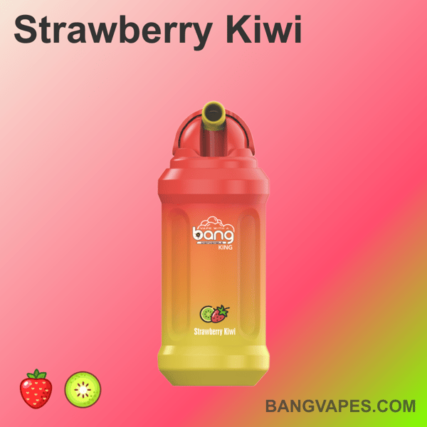 Produkt waporyzacyjny Strawberry Kiwi z czerwono-pomarańczowym gradientowym korpusem, z ikoną truskawek i kiwi u dołu oraz tekstem marki "Bang KING" powyżej.