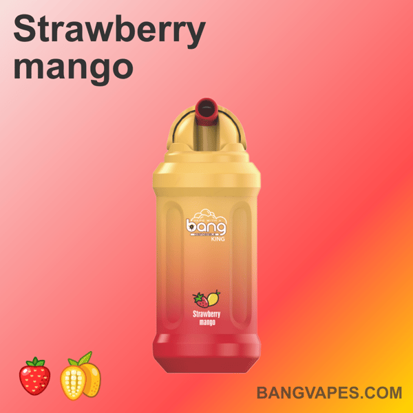 Vape Bang King o smaku truskawkowo-mango z gradientowym wzorem od żółtego do czerwonego, z małą ikoną truskawek i mango na dole.