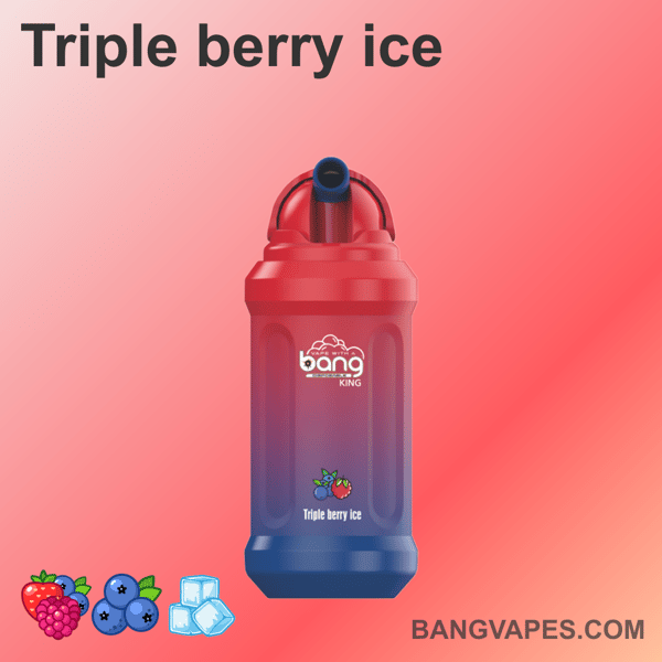 Vape Bang z etykietą "Triple berry ice" z czerwono-niebieskim gradientowym korpusem, ikonami owoców na dole przedstawiającymi truskawki, maliny i jagody, obok kostek lodu i tekstem "bangvapes.com" na dole.