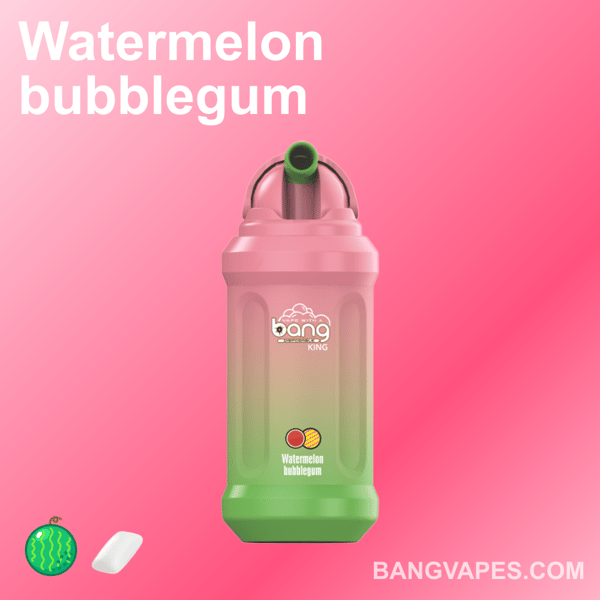 Vape o smaku arbuzowej gumy balonowej z zielono-różowym wzorem na różowym tle, z napisem "Arbuzowa guma balonowa" i "BANGVAPES.COM"."