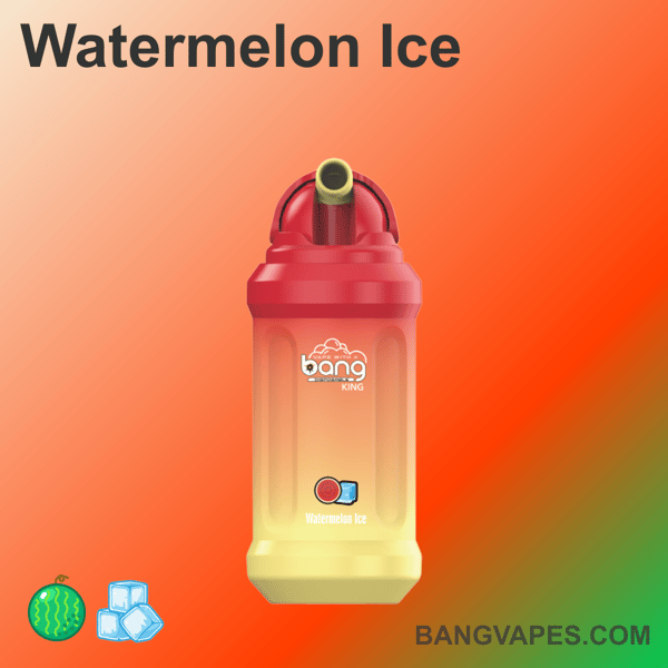 Ilustracja przedstawiająca urządzenie do waporyzacji Bang King z etykietą "Watermelon Ice" na gradientowym tle z małymi ikonami arbuza i kostkami lodu na dole.