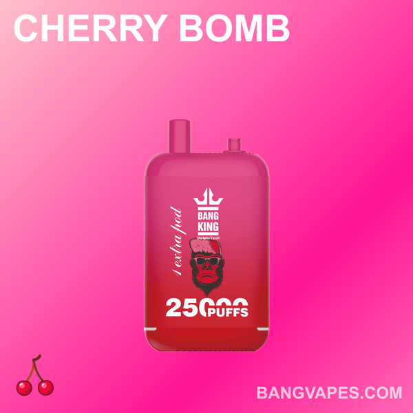 Appareil de vape Cherry Bomb de Bang King, comprenant 25 000 bouffées et un pod supplémentaire, dans un boîtier rouge avec un logo tête de mort et un texte sur fond dégradé rose.