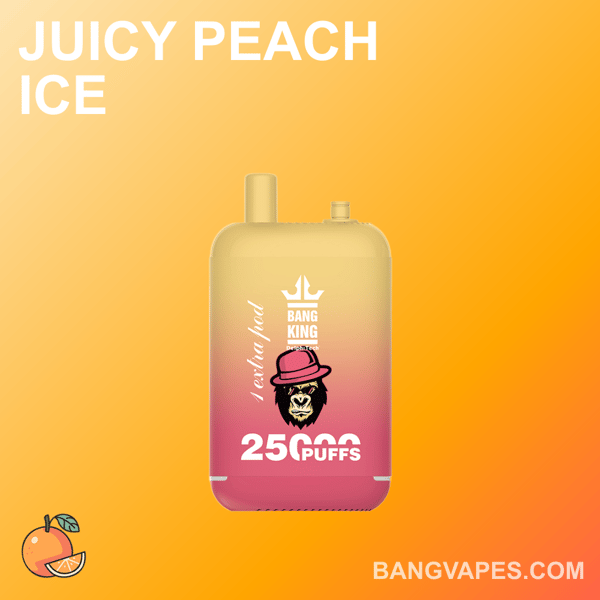Urządzenie do waporyzacji oznaczone "Bang King" o smaku "Juicy Peach Ice" i "25 000 zaciągnięć" dużym tekstem, z logo przedstawiającym goryla w koronie w kapeluszu. Tło stanowi gradient brzoskwini i pomarańczy.