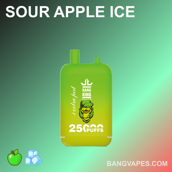 Zielone urządzenie do waporyzacji oznaczone "Sour Apple Ice" z logo twarzy goryla, brandingiem "Bang King" i tekstem "25 000 zaciągnięć".