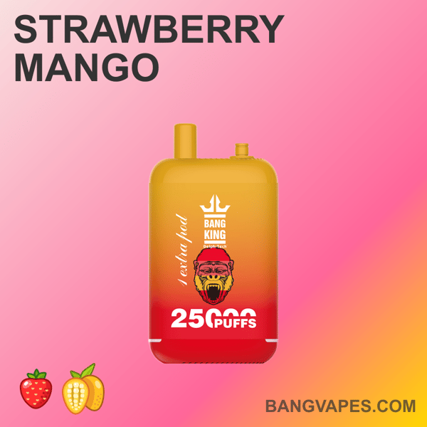 Urządzenie do waporyzacji "Bang King" z 25 000 zaciągnięć o smaku truskawkowego mango na gradientowym różowym tle.