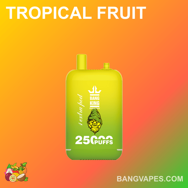 Vape o smaku owoców tropikalnych z brandingiem "Bang King", 25 000 zaciągnięć, zielony i żółty gradient.