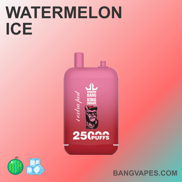 Jednorazowe urządzenie do waporyzacji o smaku Watermelon Ice, zawierające 25 000 zaciągnięć firmy Bang King, z czerwonym wzorem i logo przedstawiającym brodatego mężczyznę w okularach przeciwsłonecznych.