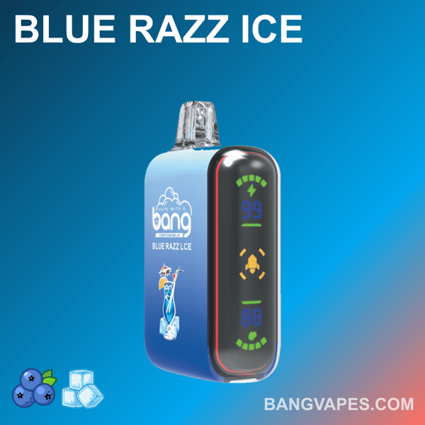A blue vape device labeled "Bang Blue Razz Ice" with an LED screen showing battery levels and other indicators, featuring icons of blueberries and ice cubes.