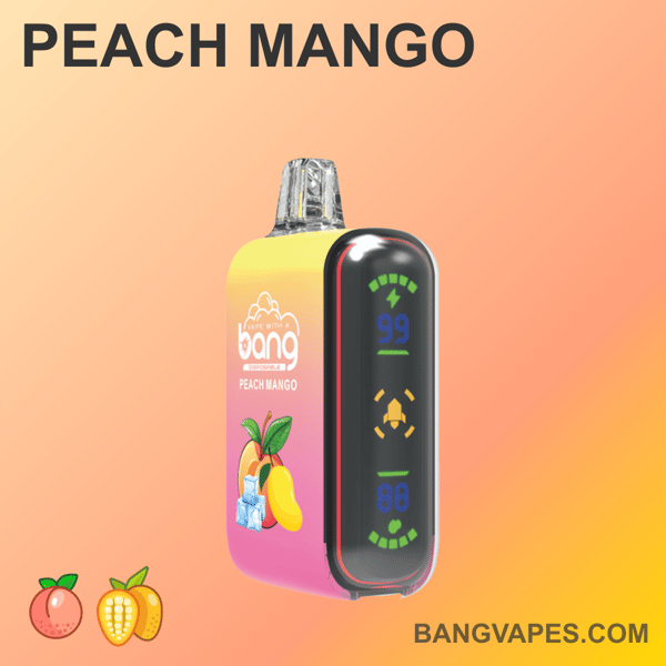 A Bang disposable vape device featuring a peach mango flavor with an LED display on the front showing numbers and icons, placed against a gradient orange background.