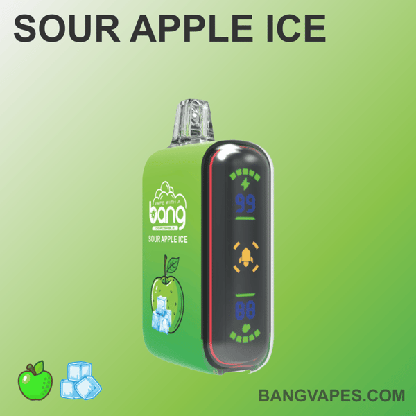 Sour Apple Ice disposable vape device with digital display showing battery and puff count, featuring a green apple and ice cube graphic on the body.