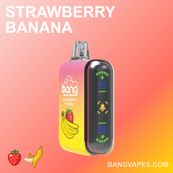 A colorful vape device with a digital display, labeled "Bang" and "Strawberry Banana," featuring strawberry and banana icons, set against a gradient pink and orange background.