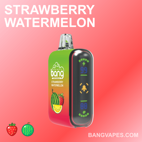Strawberry Watermelon vape device with a digital display showing numbers 99 and 88, and the brand logo "Bangvapes" on a gradient background with strawberry and watermelon illustrations.