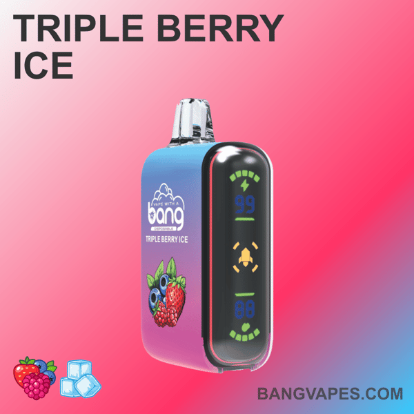 A colorful vape device labeled "Bang Triple Berry Ice" with berry graphics and a digital display, set against a pink gradient background.