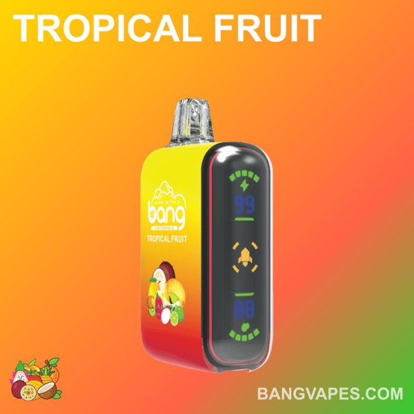 Tropical fruit flavored vape device with a digital display showing numbers and icons, branded "Bang" with a gradient yellow-orange background.