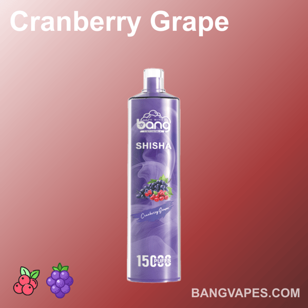 Waporyzator Bang Shisha o smaku żurawinowym i winogronowym, zawierający 15 000 zaciągnięć, w fioletowym pojemniku na gradientowym tle.